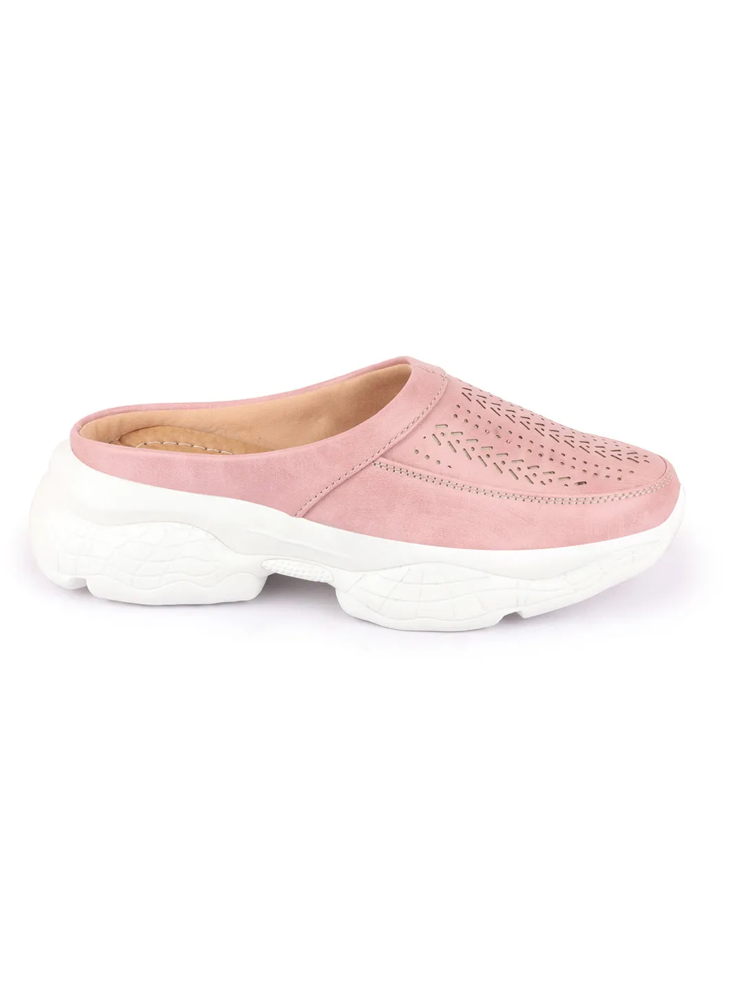 Women Pink Laser Cut Design Stitched Back Open Slip On Mules Shoes