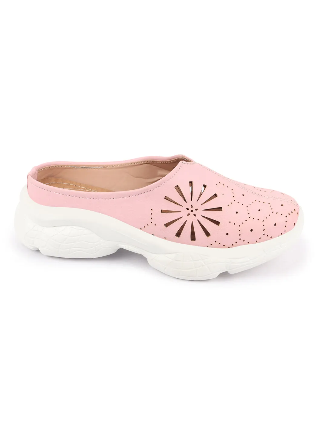 Women Pink Laser Cut Design Stitched Breathable Back Open Slip On Mules Shoes