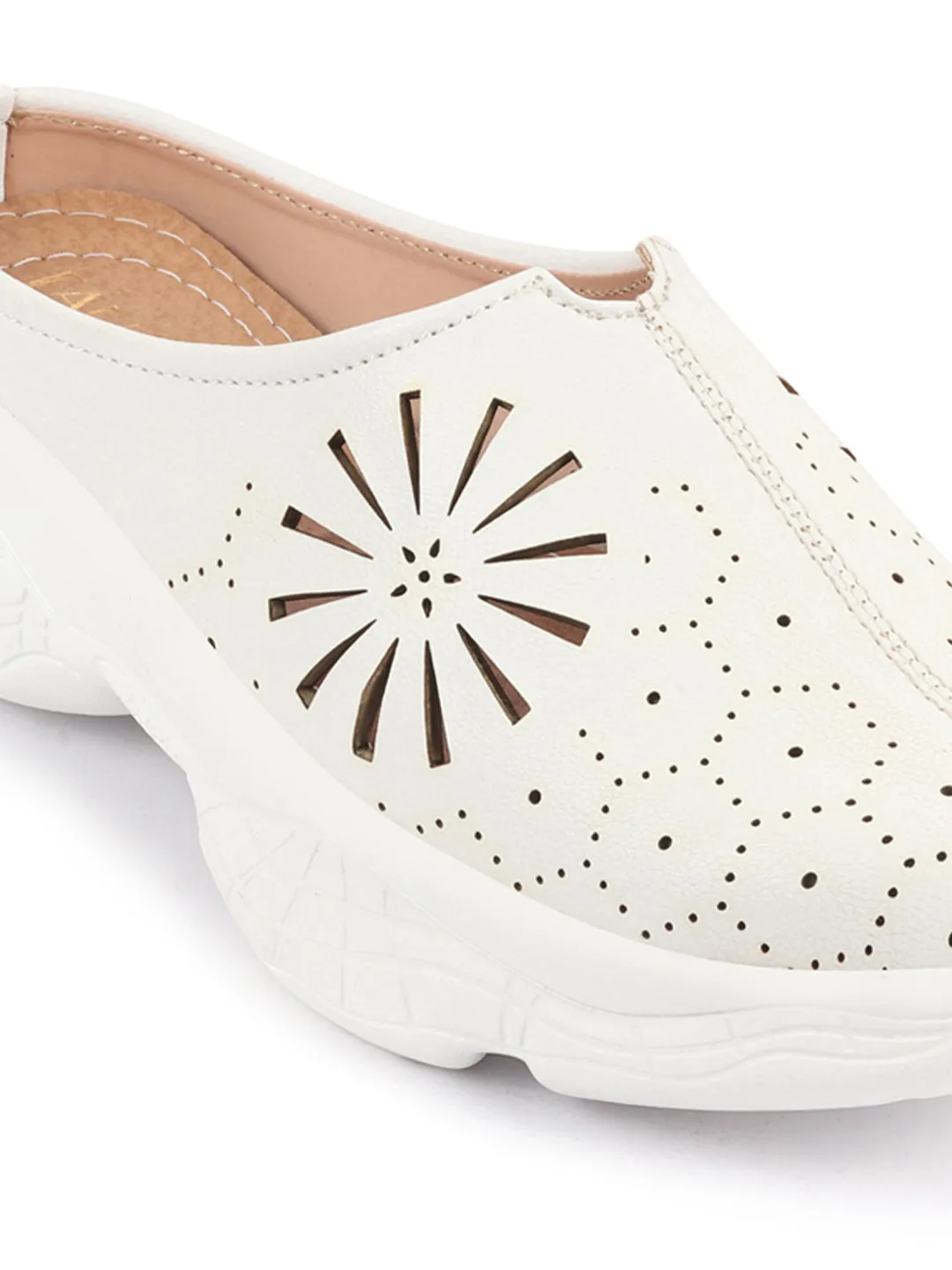 Women White Laser Cut Design Stitched Breathable Back Open Slip On Mules Shoes