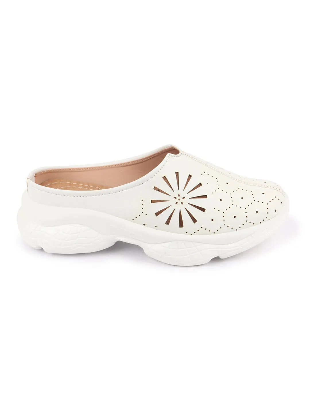 Women White Laser Cut Design Stitched Breathable Back Open Slip On Mules Shoes