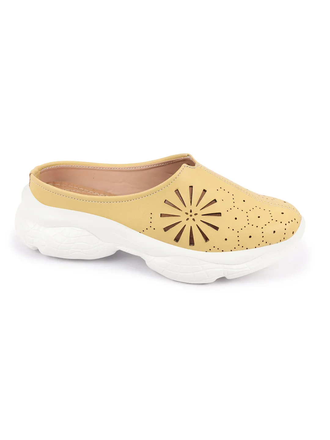 Women Yellow Laser Cut Design Stitched Breathable Back Open Slip On Mules Shoes