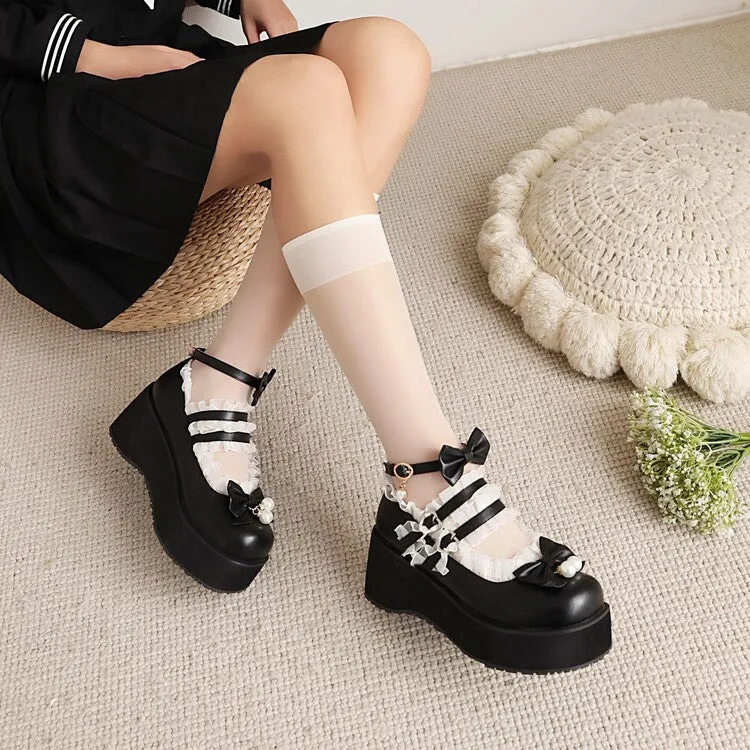 Women's Lace Bow Tie Pearls Wedge Heel Platform Pumps