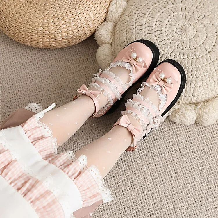 Women's Lace Bow Tie Pearls Wedge Heel Platform Pumps