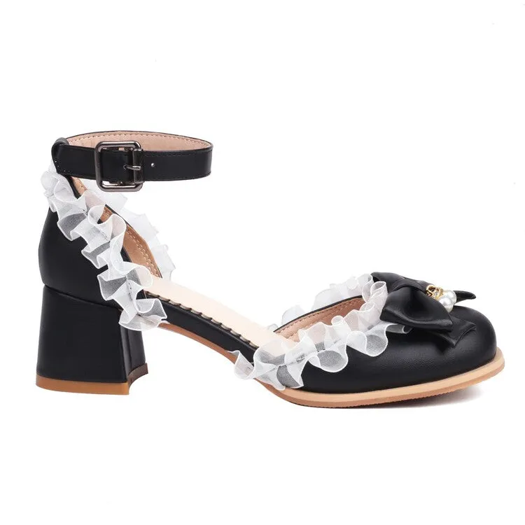 Women's Lolita Lace Ankle Strap Block Chunky Heel Sandals